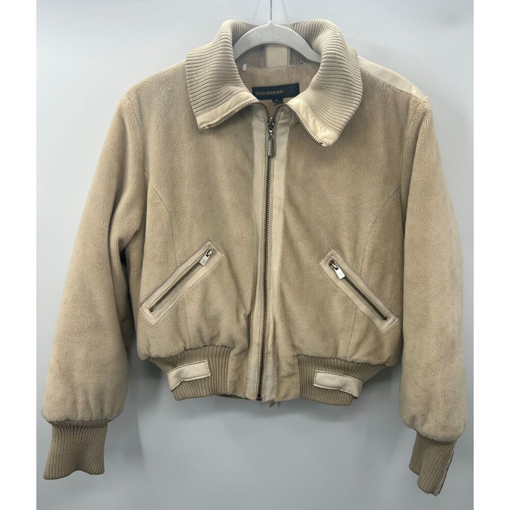 Rocawear Vintage Y2K Cropped Faux Fur Bomber Down Jacket Womens Large Gold